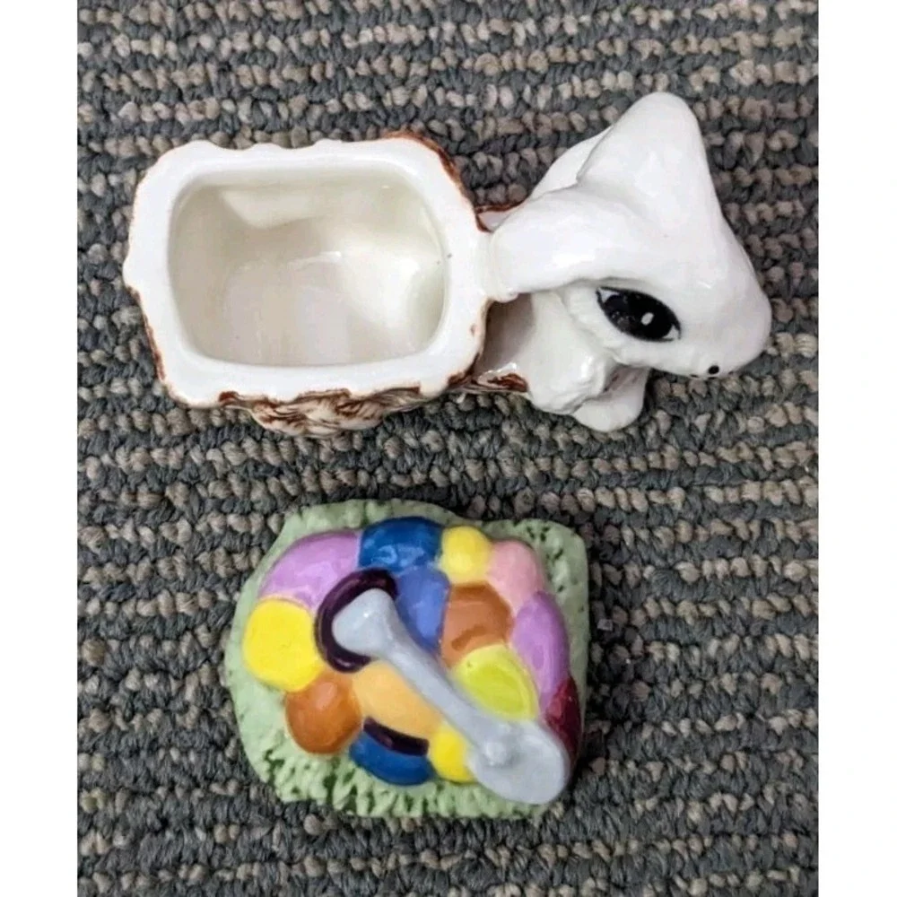 Vtg Mini Ceramic Easter Bunny Rabbit With Wagon Jelly Bean Egg Cart Trinket Dish